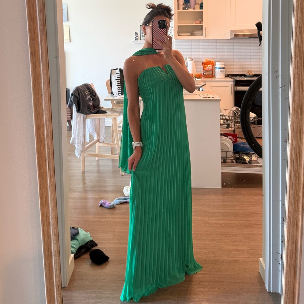 Lulus Lael Green Pleated Strapless Dress And Scarf Set - Size S - Picture 2 of 5
